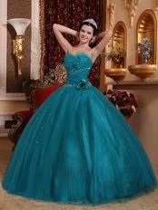 Dark Cyan Quinceanera Dress With Handmade Flower Side