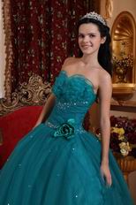 Dark Cyan Quinceanera Dress With Handmade Flower Side