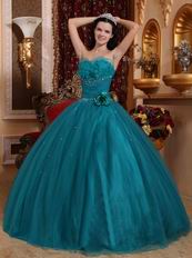 Dark Cyan Quinceanera Dress With Handmade Flower Side