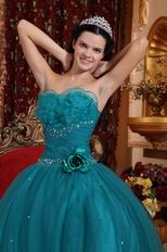 Dark Cyan Quinceanera Dress With Handmade Flower Side