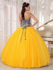 Printed Fabric Bodice Dark Yellow Quinceanera Dress Gown