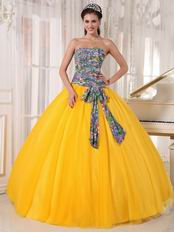 Printed Fabric Bodice Dark Yellow Quinceanera Dress Gown