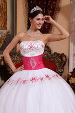 White Strapless Military Ball Dress With Fuchsia Emberllishmests