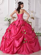 Deep Pink Quinceanera Dress With Spring Green Flowers Decorate