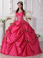 Deep Pink Quinceanera Dress With Spring Green Flowers Decorate