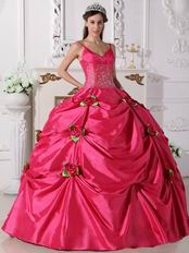 Deep Pink Quinceanera Dress With Spring Green Flowers Decorate