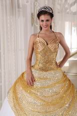 Spaghetti Straps White Skirt With Golden Sequin Sweet Sixteen Dress