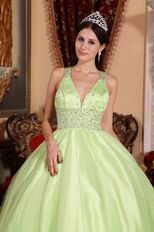 Straps V Neckline Yellow Green Open Back Quinceanera Dress