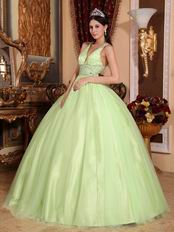 Straps V Neckline Yellow Green Open Back Quinceanera Dress