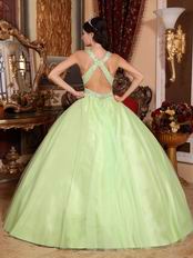 Straps V Neckline Yellow Green Open Back Quinceanera Dress