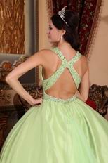 Straps V Neckline Yellow Green Open Back Quinceanera Dress