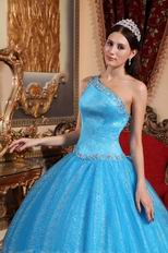 Single Shoulder Dodger Blue Tulle Military Quinceanera Dress