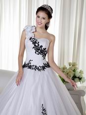 One Shoulder White Quinceanera Dress With Black Leaves Decorate