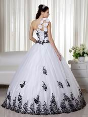 One Shoulder White Quinceanera Dress With Black Leaves Decorate