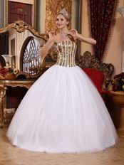 White Tulle Quinceanera Dress With Flaring Golden Sequin Bodice