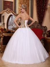 White Tulle Quinceanera Dress With Flaring Golden Sequin Bodice