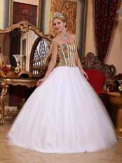 White Tulle Quinceanera Dress With Flaring Golden Sequin Bodice