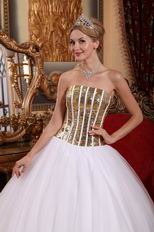 White Tulle Quinceanera Dress With Flaring Golden Sequin Bodice