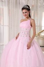 One Shoulder Baby Pink Corset Back Quinceanera Gowns Dress