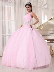 One Shoulder Baby Pink Corset Back Quinceanera Gowns Dress