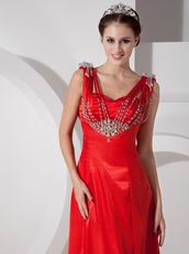 Empire Waist Scarlet Red Satin Beaded Prom Party Dress