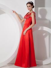 Empire Waist Scarlet Red Satin Beaded Prom Party Dress