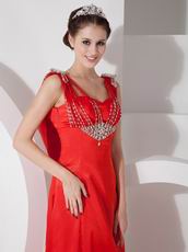 Empire Waist Scarlet Red Satin Beaded Prom Party Dress