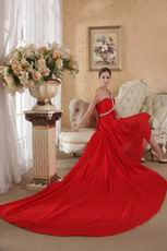 Red Chiffon Fabric One Shoulder High Low Prom Dress