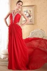 Halter V Neck Red Chiffon Prom Dress Crystals Emberllish