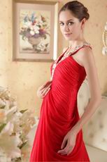 Halter V Neck Red Chiffon Prom Dress Crystals Emberllish