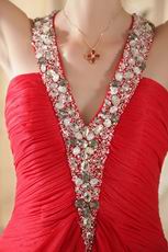 Halter V Neck Red Chiffon Prom Dress Crystals Emberllish