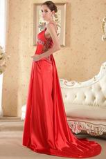 V Neckline Panel Train Red Prom Dresses With Beading