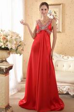 V Neckline Panel Train Red Prom Dresses With Beading