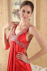 V Neckline Panel Train Red Prom Dresses With Beading