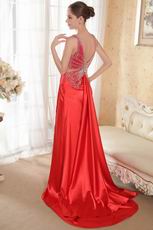 V Neckline Panel Train Red Prom Dresses With Beading