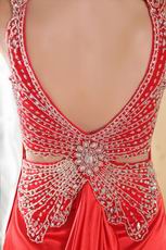 V Neckline Panel Train Red Prom Dresses With Beading