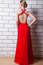 Halter Cross Back Crystals Wine Red Chiffon Prom Party Dress