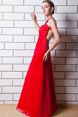 Halter Cross Back Crystals Wine Red Chiffon Prom Party Dress