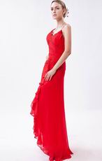 Spaghetti Straps High Low Cascade Front Red Evening Dress