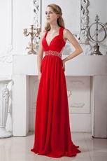 Fashionable Cross Back Scarlet Chiffon Prom Dress With Beaded Belt