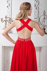 Fashionable Cross Back Scarlet Chiffon Prom Dress With Beaded Belt