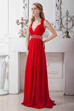 Fashion V-Neck Backless Floor Length Evening Dress In Red