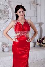 Classic Halter Beaded Mermaid Red Celebrity Dress