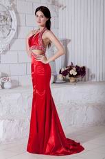 Classic Halter Beaded Mermaid Red Celebrity Dress