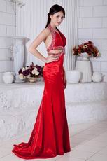 Classic Halter Beaded Mermaid Red Celebrity Dress