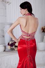 Classic Halter Beaded Mermaid Red Celebrity Dress