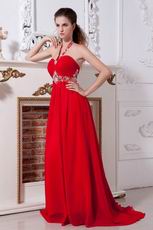 Red Chiffon Halter Floor Length Celebrity Evening Dresses