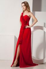 Designer One Shoulder Rosette Sexy Split Red Evening Dress