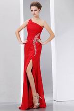 One Shoulder Side High Split Alizarin Crimson Evening Dress