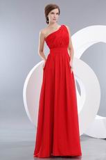 One Shoulder Ruched A-line Red Chiffon Evening Dress